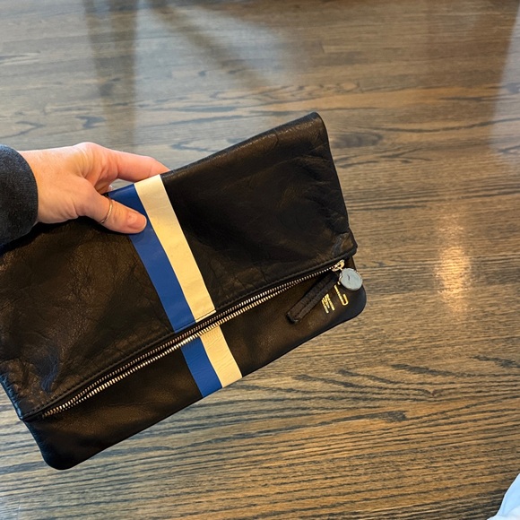 Clare V Foldover Clutch Black Leather w/ Blue and White Stripe EUC - Picture 7 of 9